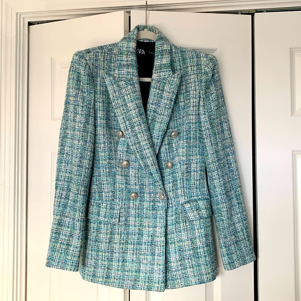 NWOT Zara blue tweed blazer